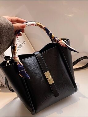 Black Faux Leather Shoulder Bag with Patterned Scarf